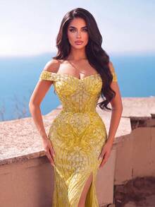 Faeriesty Elegant Open Shoulder Long Dress, Exquisite Beaded Embroidery, High Slit, Slim Fit, Flattering Silhouette, Suitable For Formal Evening Events - Gold - View 3
