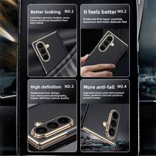 高級 PU 皮革磁吸自動吸附翻蓋手機殼,適用於 Galaxy Z Fold 8 Ultra、Fold 8、Fold 7、Fold 6、Fold 5,鍍金邊框全鏡頭保護防刮耐震保護殼 - 黑色 - 查看 3