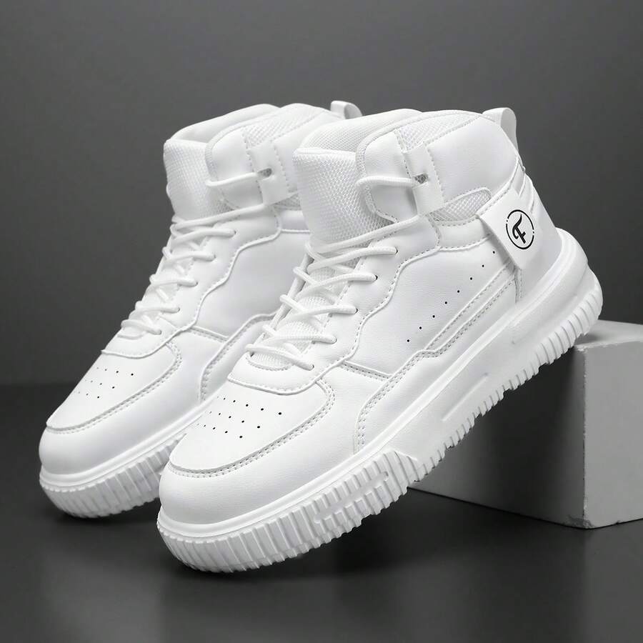 Men's White High-Top Skateboard Sneakers, Lace-Up Design, Serrated Pattern Thick Sole Casual Shoes - White - View 1