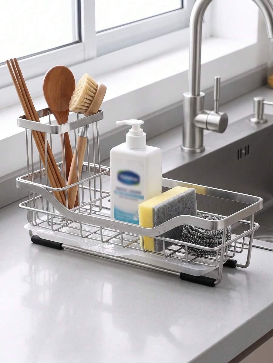 Stainless Steel Kitchen Sink Caddy Sponge Holder, Modern Compact Sink Organizer With Removable Utensil Brush Holder & Drain Tray, 8.3x3.5 Inch Rustproof Countertop Soap Rack Storage Dryer Caddy For Home Kitchen, RV & Countertop Organization