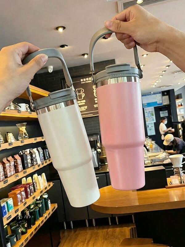 1個 30オンス ステンレス鋼タンブラー 蓋とハンドル付き - 二重壁真空断熱、ホット/コールドコーヒーカップ、漏れ防止、大容量 アウトドア用