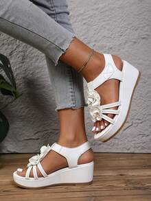 Women's New Woven Double Strap Wedge Bow Decor Peep Toe Sweet Platform High Heel Sandals - White - View 8