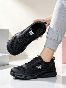 Unisex Breathable Mesh Running Shoes, Lightweight Comfortable Lace-Up Casual Sports Sneakers - Black - View 2
