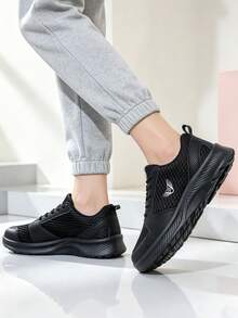 Unisex Breathable Mesh Running Shoes, Lightweight Comfortable Lace-Up Casual Sports Sneakers - Black - View 6