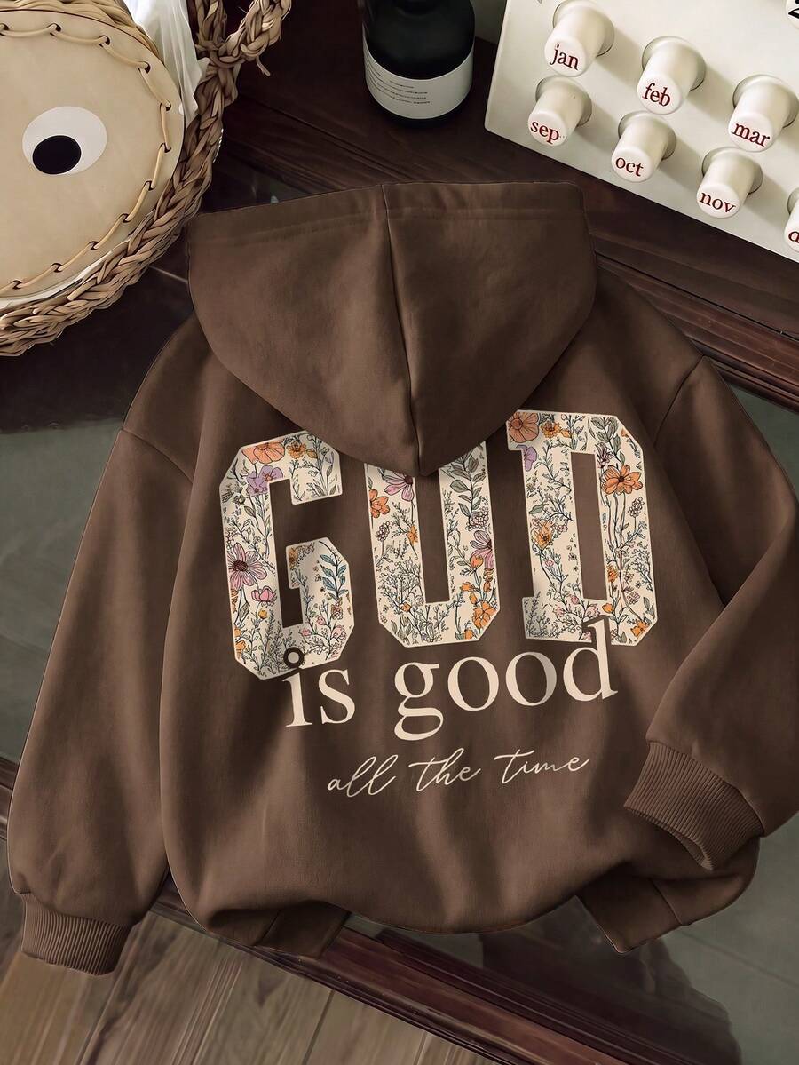 1pc Tween Girls' Vintage Ditsy Floral Padded Letter Hooded Sweatshirt, Casual Long Sleeve Top - Brown - View 1