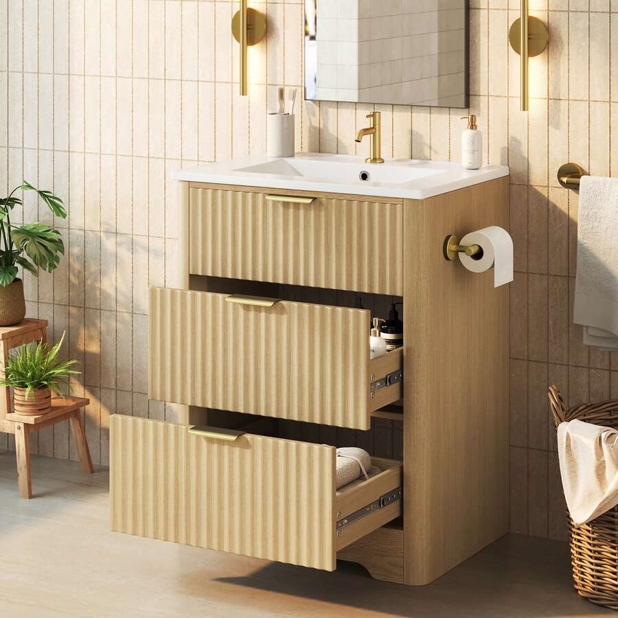 61cm Natural Wood Freestanding Washbasin Vanity Unit - Natural - View 1