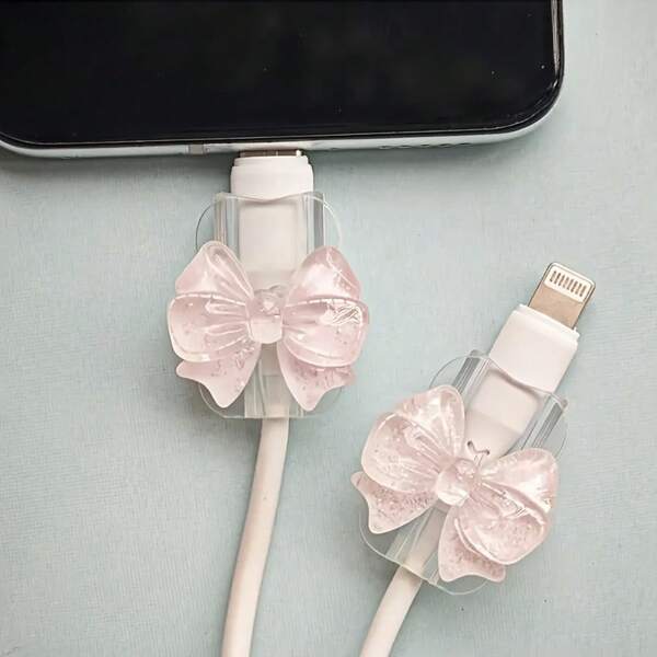 2pcs Bow Universal/Type-C Cable Protector - Durable, Anti-Break And Stylish Phone Accessory Design With Cute Plastic Bow Decoration, For Charging And Data Protection, Charging Accessory, Phone Cable Protector, Wire Organizer, Device Cable Guard, Cute Plastic Ornament, Pink Bow Design, Sturdy Construction, Suitable For Users, Type-C Owners, Gift For Her, Travel Tech Accessory