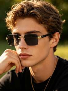1 Pair Men's Fashion Decorative Glasses, Gold Plastic Material, Solid Color Pattern, Vintage Style, Square Rimless Glasses, Suitable For Daily Wear, Driving, Hiking, Summer Beach, Outfit Matching, Street Photography, Various Festivals, Parties And Other Occasions, Can Be Used As A Gift, Suitable For All Face Shapes, High Quality Glasses, Fashion Accessory - Multicolor - View 4