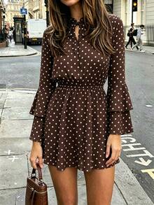 Vintage Polka Dot V-Neck Tie Front Ruffle Long Sleeve Mini Dress - Brown - View 2
