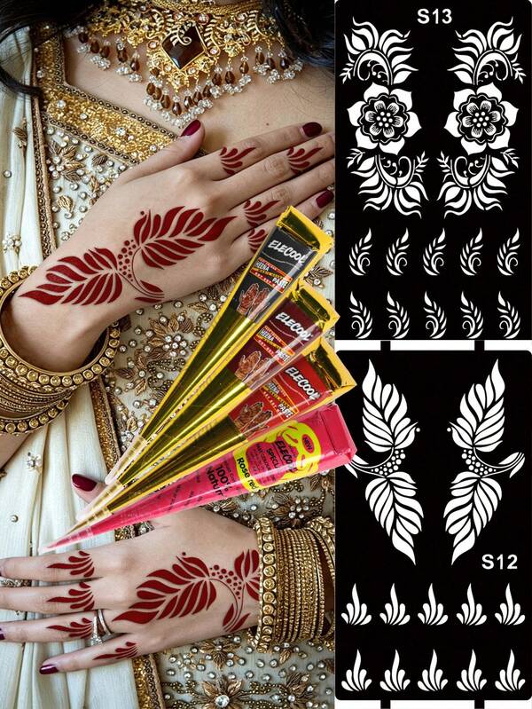 6PCS (4 Black, Chestnut, Deep Red, Rose Red Henna Paste + 2 Templates) Combo Set Henna Nail Art Tattoo Cream With Storage Box, Semi-Permanent Plant-Based Tattoo Ink For Hands And Body