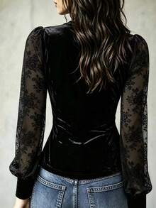 Autumn Black Velvet & Contrast Lace High-End Fashionable Unique Blouse For Women Back To School - Black - View 4
