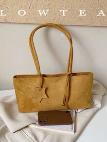 low tea 1pc Minimalist Fashion Square Suede Fabric Shoulder Bag, Suitable For Commuting, Shopping, Etc. - Yellow - View 4