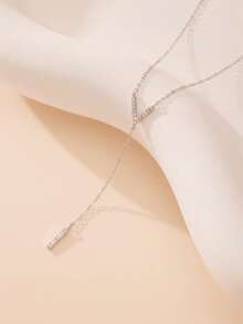 925 Sterling Silver Y-Shaped Necklace, 3D V-Neck Design, Inlaid With Cubic Zirconia, Comes With Luxury Jewelry Gift Box - Silver - View 2