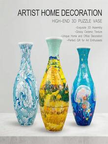 9Pcs/1 Set 3D Puzzle Vase Inner Liner Set, Decorative Hydroponic Plastic Flower Vase With Ocean Jellyfish Floral Pattern, Desktop Ornament For Home, Living Room, Office, Dining Table, Gift For Adult Women - Multicolor - View 6