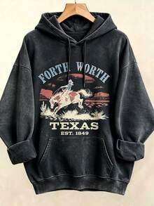 Women's Western Style Fort WorthTexasEST1849CowboyPatternHoodieSoftCrewNeckPulloverWith Cactus And Longhorn DesignComfortableCasualLongSleeve Sweater - 黑色4 - 查看 3