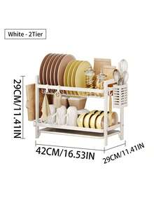 Double Layer Dish Drying Rack With Drip Tray, Kitchen Utensil Storage Rack, Dish And Cutting Board Holder, Suitable For Apartment Kitchen - White - View 3