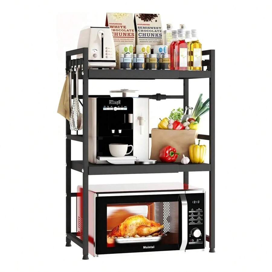 Rejilla extensible de 3 niveles para horno microondas de cocina color negro, organizador multifuncional para electrodomésticos, platos, especias y utensilios, diseño ajustable que aprovecha el espacio vertical de la encimera, estructura resistente y estable, ideal para cocinas pequeñas, fácil de montar y limpiar, - Negro - Ver 1