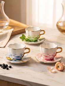 DearDali 2pcs (1cup+1saucer) 80ML Gradient Gold Rim Petal Ceramic Cup And Saucer Set, French Style Teacup, Luxury Porcelain Cup, Exquisite Lace Tableware, Arabic Coffee Cup, Suitable For Coffee Or Tea, Fun Gift Cup For Friends - Multicolor - View 8