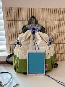 Back To School Large Capacity Backpack For High School And College Students, Drawstring Closure, Academic Style, Minimalist Casual Versatile For Class, Commute And Travel - White - View 3