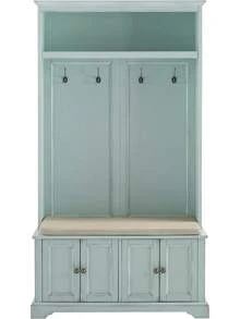 Distressed Seafoam Blue Hall Tree With Shoe Storage Bench & Coat Hooks, Entryway Storage Furniture With Padded Seat, Open Shelf & Storage Cabinets For Foyer & Mudroom - Distressed Seafoam Blue - View 2