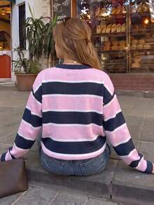 Women Fall Pink Navy White Striped Knit Sweater, Crew Neck Drop‑Shoulder Long Sleeve Loose Pullover For Campus Casual Date Daily Going‑Out - Multicolor - View 2