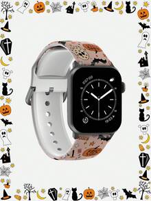 1pc Pink Heart Ghost & Spider Web Pattern Soft Elastic Breathable Comfortable Wristband Replacement Strap, Compatible With Samsung, Honor Smartwatches, Compatible With Apple Watch 38mm 40mm 41mm 42mm 46mm 45mm 44mm 49mm, Compatible With Apple Watch Ultra Series SE/11/10/9/8/7/6/5/4/3/2/1, Unisex Halloween Gift Watch Band - Multicolor - View 3