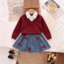 Girls' Fashion Knit V-Neck 2 In 1 Top And Bow Pleated Denim Skirt - Burgundy - View 6