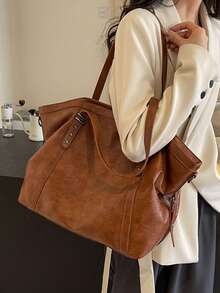 Women's Vintage Tote Bag, Star Studded Decor Large Capacity Shoulder Bag, Detachable Strap Crossbody Handbag - Brown - View 5