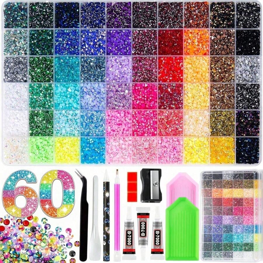 48,000pcs 24/60 Colors Resin Jelly Rhinestone Set, Multi-Color Flat Back Rhinestones, Suitable For Diamond Painting, Includes 4 Bottles Of 10ml B7000 Jewelry Glue And Tools, Christmas Birthday Gift For Women