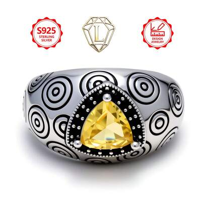 925 Sterling Silver Vintage Yellow Triangle Zirconia Ring For Women And Men, Retro Spiral Pattern Wide Band Ring, Unique Niche High-End Silver Jewelry, Nickel-Free Hypoallergenic, Exquisite Craftsmanship Comfortable Wear, Versatile For Daily Wear, Ideal Gift For Girlfriend, Birthday, Anniversary, Valentine's Day, Halloween, Christmas Eve And Other Holidays