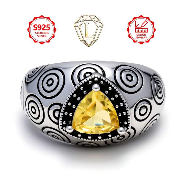 Anel de Prata Esterlina 925 Vintage com Zircônia Amarela em Formato de Triângulo para Mulheres e Homens, Anel de Banda Larga com Padrão Espiral Retrô, Joia de Prata Única e de Alta Qualidade, Sem Níquel e Hipoalergênico, Artesanato Requintado e Uso Confortável, Versátil para Uso Diário, Presente Ideal para Namorada, Aniversário, Dia dos Namorados, Halloween, Natal, Véspera de Natal e Outras Datas Comemorativas