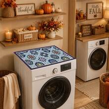 Luckybutterfly Retro Mediterranean Spanish Tile Washing Machine Top Cover Mat, Non‑Slip Reusable Dust‑Proof Washer Dryer Countertop Protector Pad, Stylish Laundry Room Home Decor Accessory - Multicolor - View 5