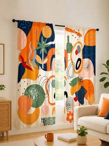 2Pcs Abstract Geometric Art Curtains, Modern Style Color Block Asymmetrical Line Print Pattern, Semi-Sheer Rod Pocket Curtains, Suitable For Living Room And Bedroom, Rod Not Included - Multicolor - View 5
