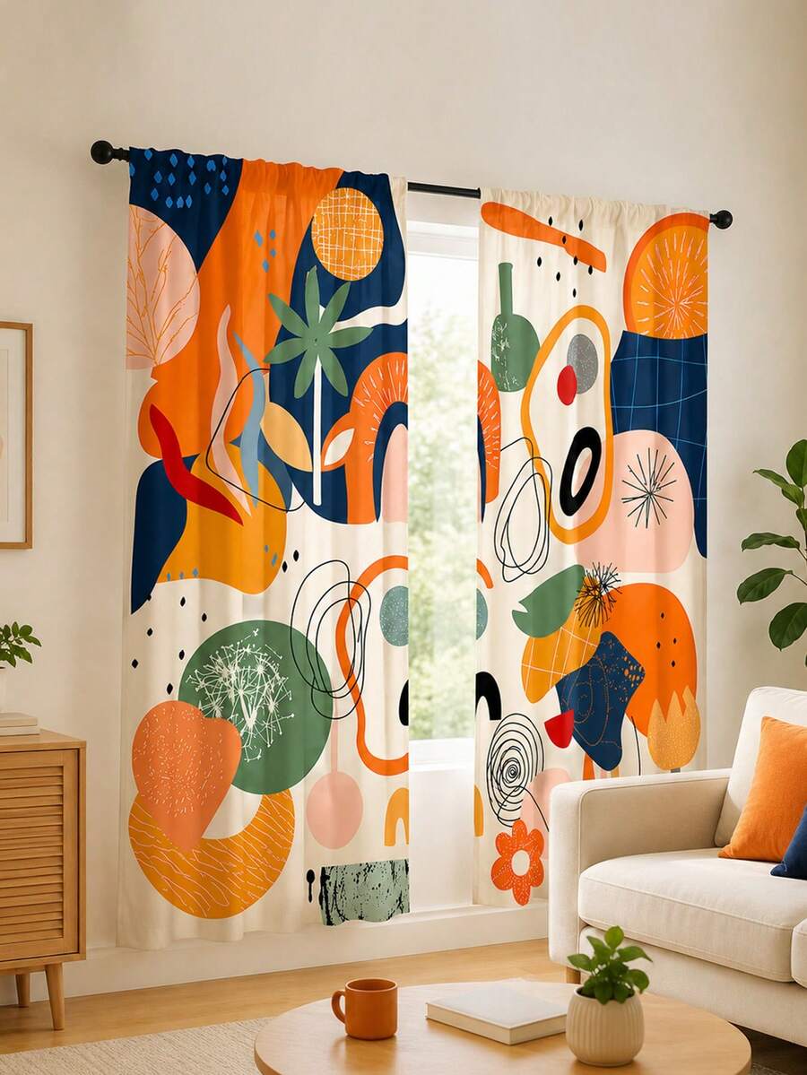2Pcs Abstract Geometric Art Curtains, Modern Style Color Block Asymmetrical Line Print Pattern, Semi-Sheer Rod Pocket Curtains, Suitable For Living Room And Bedroom, Rod Not Included - Multicolor - View 1