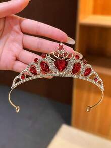 1pc Gold-Color Red Crystal Large Crown Headpiece, High-End Crystal Crown Hair Clip Accessory, Princess Birthday Gift - Red - View 1