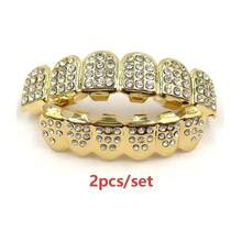 2PCS Gold Grillz Teeth Set,Iced Out Hip Hop Tooth Jewelry With Rhinestone Diamond Design,Shiny Gold Teeth Caps Fashion Accessories For Men Women Party - Multicolor - View 8