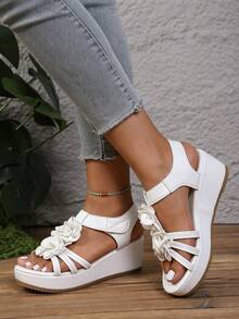 Women's New Woven Double Strap Wedge Bow Decor Peep Toe Sweet Platform High Heel Sandals - White - View 6