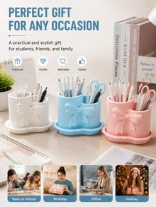 Multifunctional Round Bowknot Storage Bucket, Cute Desktop Organizer, Suitable For Stationery, Cosmetics, Pens And School Supplies, Portable Pen Holder Container, Perfect Gift For Students' Birthday And Back To School - Pen Holder - View 9