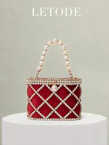 Fashionable Elegant Party Evening Diamond Metal Handbag - Red - View 11