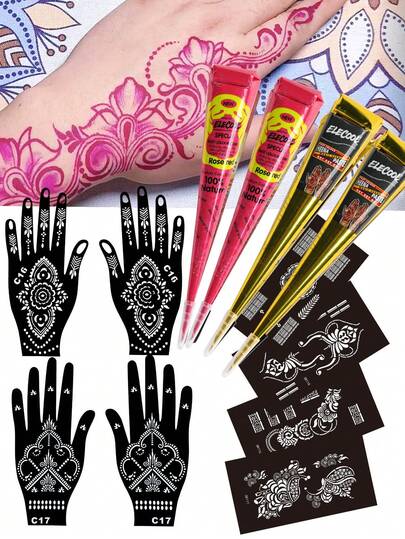 12PCS (4pcs Henna Paste + 2pcs Hand Stencils + 4pcs Hollow Stencils) Combo Set With Storage Box, Semi-Permanent Plant-Based Tattoo Ink For Hands And Body