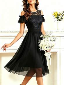 Gaun Pesta Pernikahan Bridesmaid dengan Hiasan Renda, Patchwork, Resleting, dan Rumbai/Bergelombang - Hitam - View 5