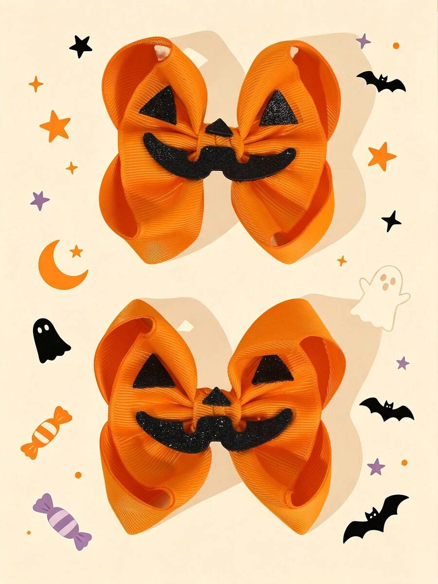 2PCS Halloween Orange Bow Bows For Girls Pumpkin Color Duckbill Clip Party Hair Clips Suit For Daily And Halloween Decor Hairpins Kids Hair Accessory - Orange - View 1