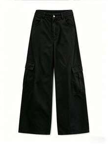 Men's Spring/Autumn Casual Fashion Straight Leg Cargo Pants With Side Pockets And Button Closure For Outdoor Wear - Black - View 2