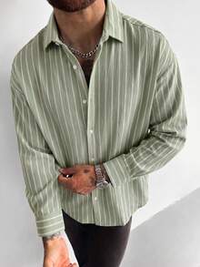 Men's Striped Long Sleeve Single-Breasted Casual Shirt, Versatile & Comfortable, Holiday Gift, Slightly Dropped Shoulder Loose Fit, Relaxed & Casual Style, Breathable - Mint Green - View 4