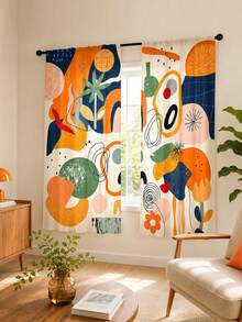 2Pcs Abstract Geometric Art Curtains, Modern Style Color Block Asymmetrical Line Print Pattern, Semi-Sheer Rod Pocket Curtains, Suitable For Living Room And Bedroom, Rod Not Included - Multicolor - View 7