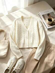 Girl's Cream Cable Knit Short Cardigan, V-Neck Button-Up Long Sleeve Ribbed Hem Knit Sweater Jacket, Soft & Comfortable, Loose Fit, Casual Basic Outerwear, Suitable For Autumn/Winter Daily Wear - Apricot - View 1