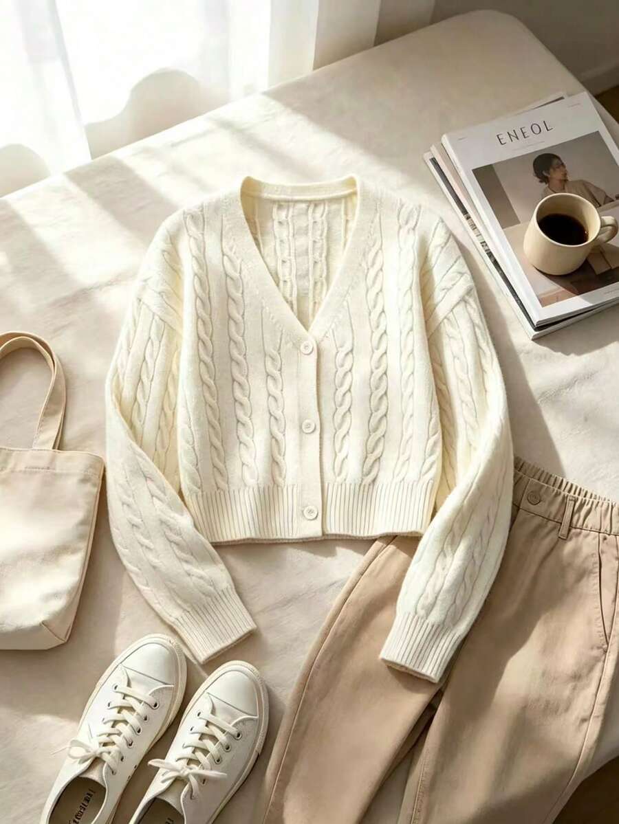 Girl's Cream Cable Knit Short Cardigan, V-Neck Button-Up Long Sleeve Ribbed Hem Knit Sweater Jacket, Soft & Comfortable, Loose Fit, Casual Basic Outerwear, Suitable For Autumn/Winter Daily Wear - Apricot - View 1