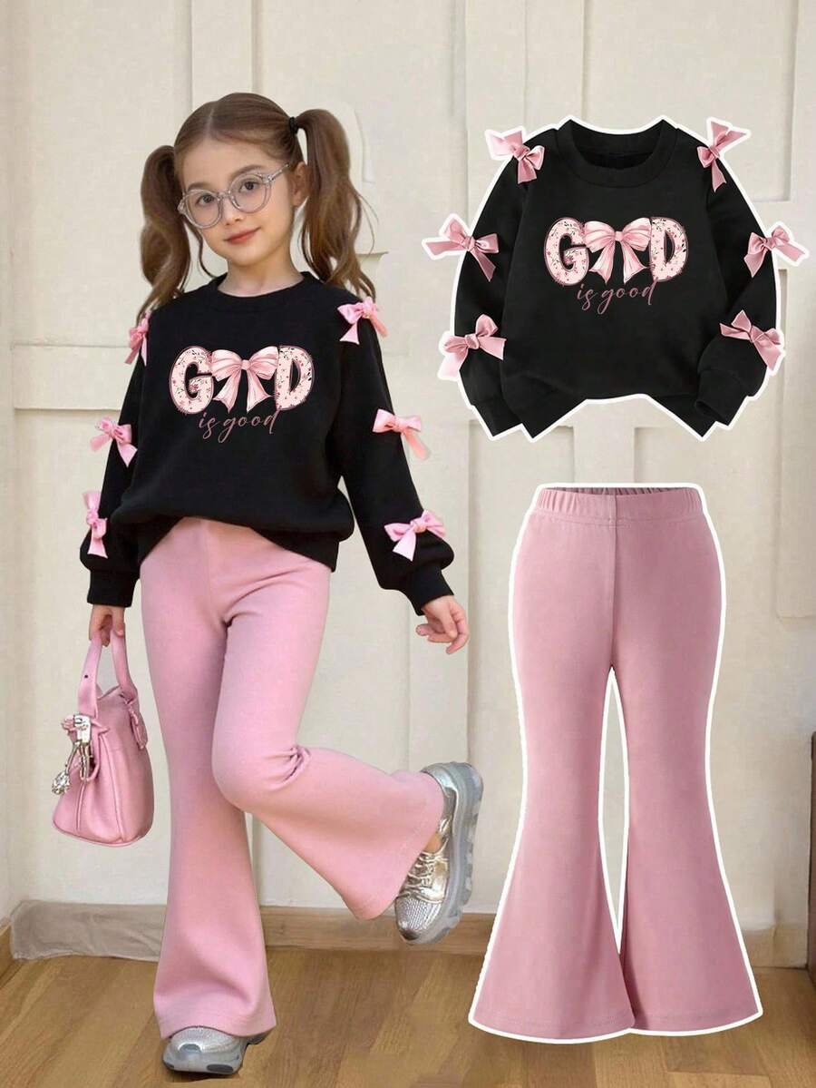 Young Girl Bow Pattern Print Round Neck Long Sleeve Top And Flare Pants Set - Black - View 1