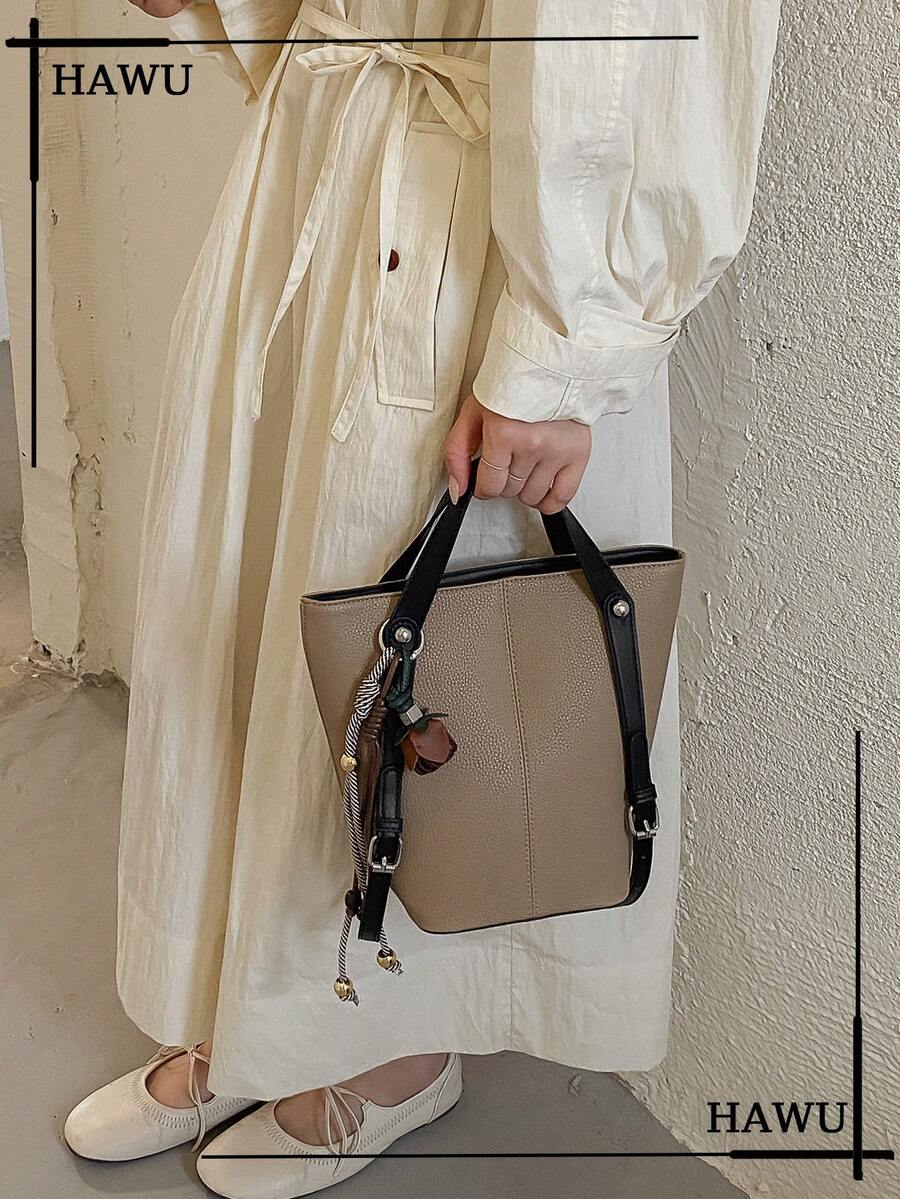 Two‑Tone Faux Leather Medium Tote Bag For Women, Contrast Handle Shoulder Handbag, Bucket Purse With Cute Hanging Charm Accessory - Khaki - View 1