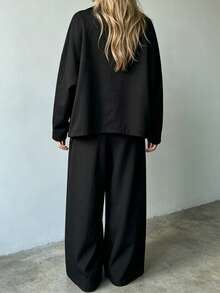 Women Fall Elegant Casual Chinese Style Black Frog Button Stand Collar Long Sleeve Wide Leg Two Pieces Pant Set For Office Going Out Vacation - Black - View 5
